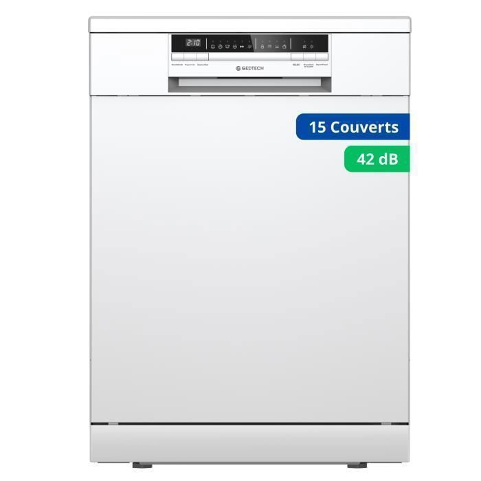 GEDTECH Lave-vaisselle GLV1542WH 15cv - Tiroir couverts - 42 dB - Ultra silencieux - Dpart Diffr - Eco - Faible conso Classe C