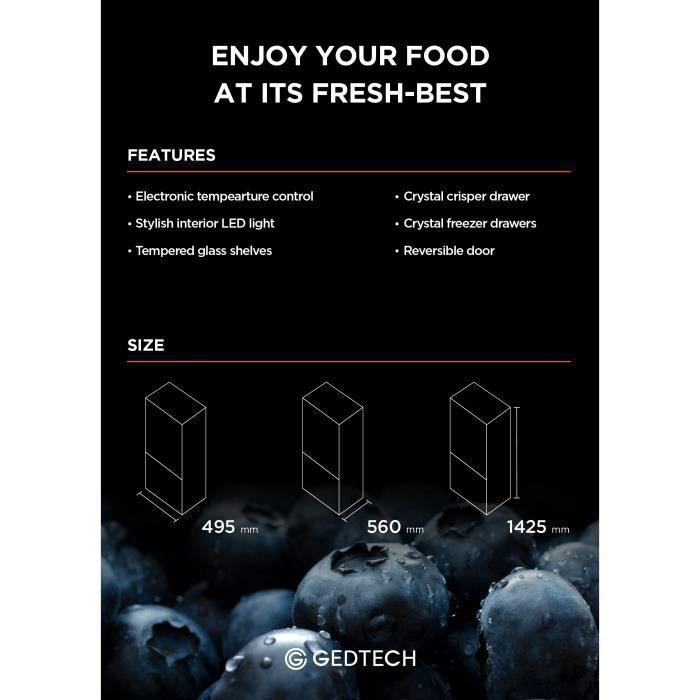 GEDTECH Réfrigérateur combiné congélateur bas 173L GCB173SL - Hauteur 143cm – Image 4