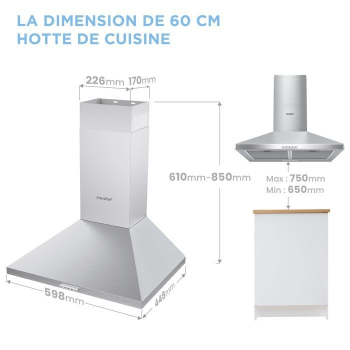 Hotte Aspirante 60cm Comfee - 400 m³/h - Classe A++ - 2 Filtres à Charbon - 3 Vitesses - Recyclage & Évacuation - LED lampe - Inox – Image 6