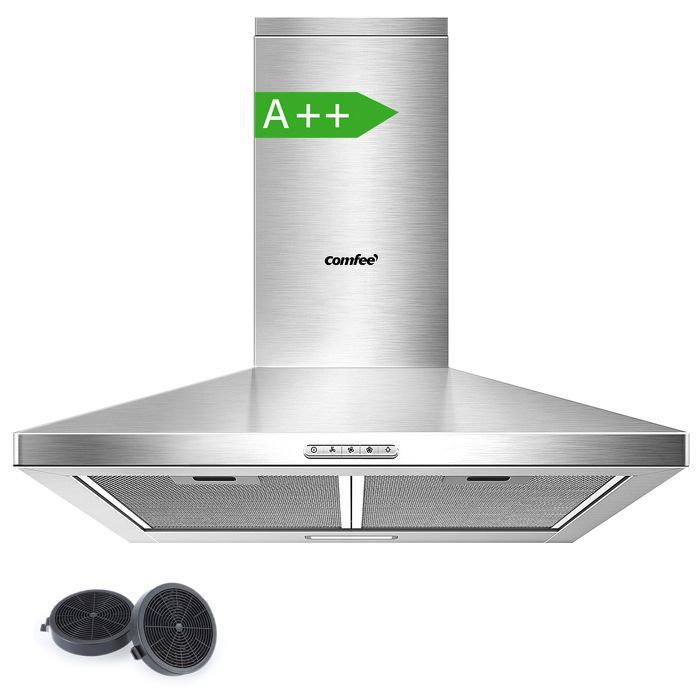 Hotte Aspirante 60cm Comfee - 400 m³/h - Classe A++ - 2 Filtres à Charbon - 3 Vitesses - Recyclage & Évacuation - LED lampe - Inox