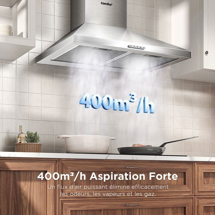 Hotte Aspirante 60cm Comfee - 400 m³/h - Classe A++ - 2 Filtres à Charbon - 3 Vitesses - Recyclage & Évacuation - LED lampe - Inox – Image 2