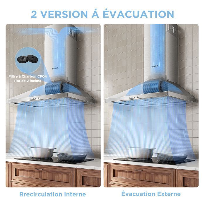 Hotte Aspirante 60cm Comfee - 400 m³/h - Classe A++ - 2 Filtres à Charbon - 3 Vitesses - Recyclage & Évacuation - LED lampe - Inox – Image 4