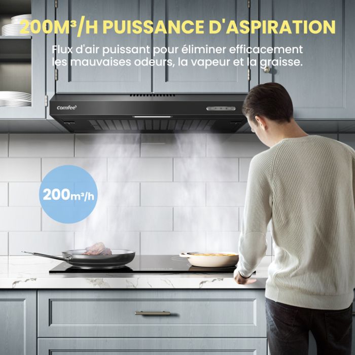 Hotte Aspirante Casquette Visière 60cm Comfee -3 Vitesses - Évacuation et Recyclage - LED Lampe - Filtre en Coton - Noir – Image 2