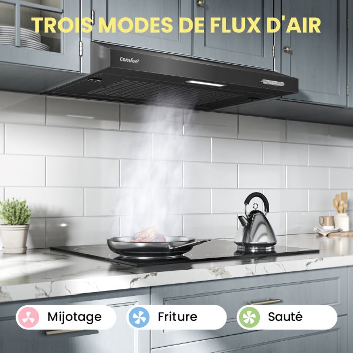 Hotte Aspirante Casquette Visière 60cm Comfee -3 Vitesses - Évacuation et Recyclage - LED Lampe - Filtre en Coton - Noir – Image 3