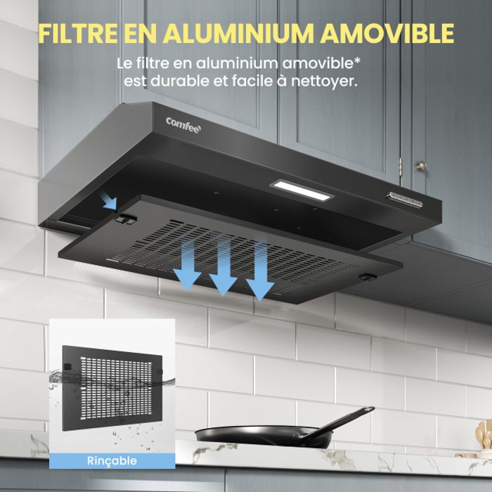 Hotte Aspirante Casquette Visière 60cm Comfee -3 Vitesses - Évacuation et Recyclage - LED Lampe - Filtre en Coton - Noir – Image 4