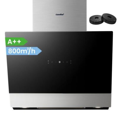Hotte Aspirante Inclinée 60cm Comfee - 800m³/h - Classe A++ - Commandes Gestuelles - 4 vitesses - 2 Filtres à Charbon - Verre Noir
