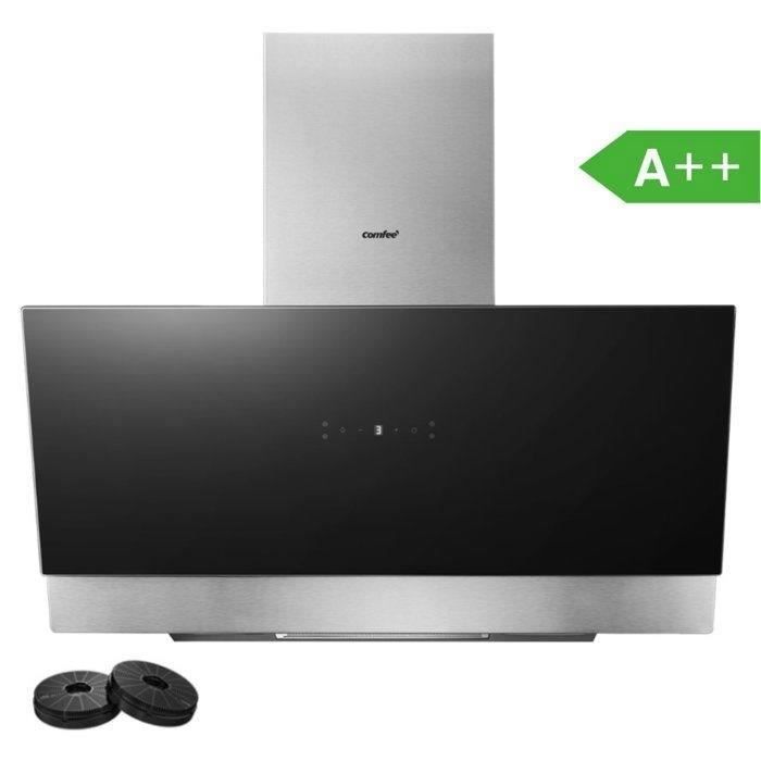 Hotte Aspirante Inclinée 90cm 800m³/h Comfee Classe A++, 4 Vitesses, BLDC, Evacuation & Recyclage, Commandes Gestuelles, Verre Noir