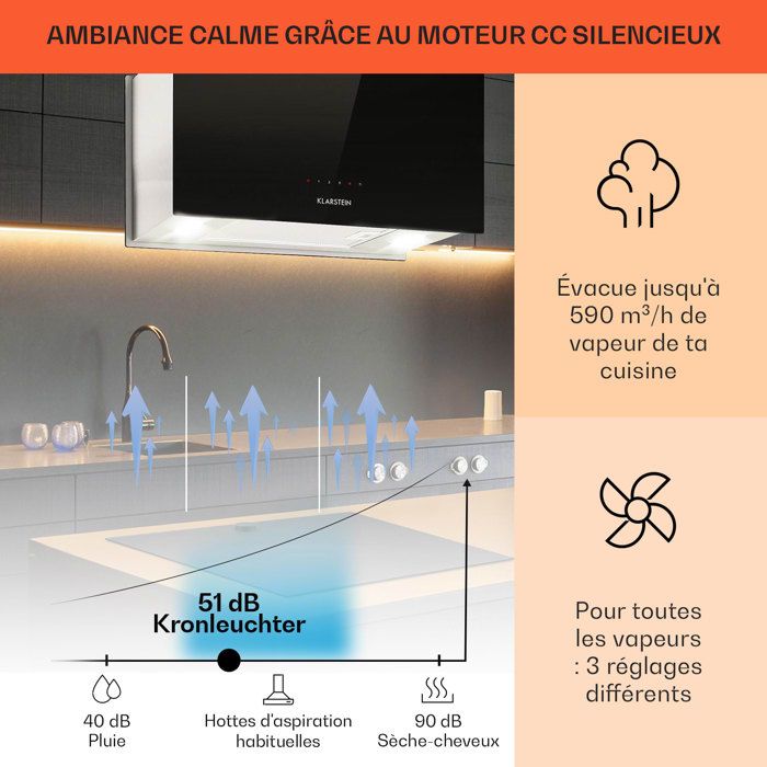 Hotte aspirante - Klarstein - hotte ilot 60 cm avec evacuation exterieure - 590m³/h 3 vitesses - hotte ilot central cuisine - noir – Image 4