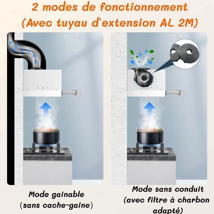 Hotte aspirante télescopique - Classe A+++ - 60 cm - 400 m³/h - 2 vitesses - Éclairage LED- avec Filtre charbon- hotte – Image 4