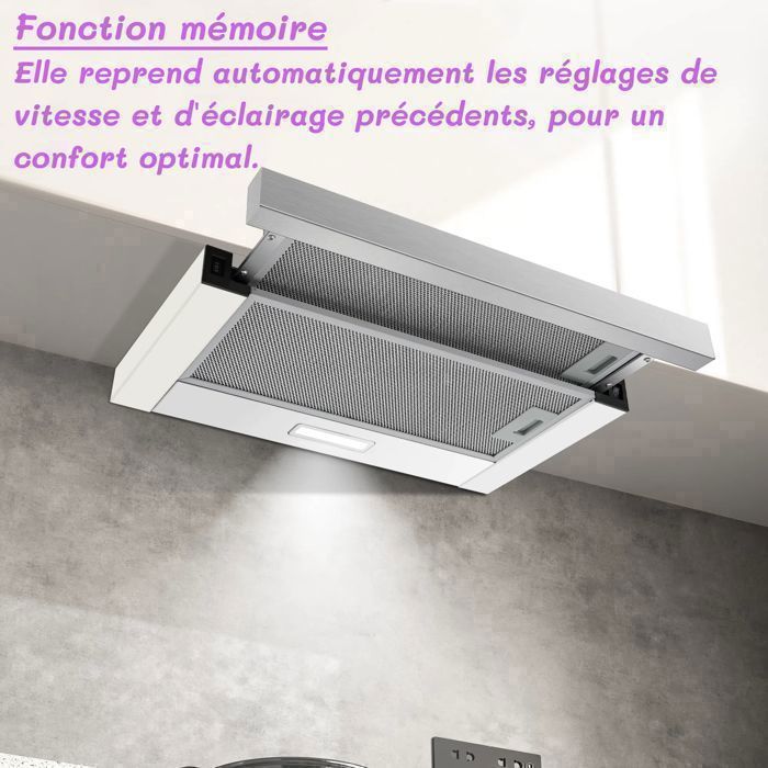 Hotte aspirante télescopique - Classe A+++ - 60 cm - 400 m³/h - 2 vitesses - Éclairage LED- avec Filtre charbon- hotte – Image 5