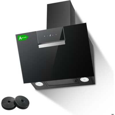 Hotte Aspirante 60cm - Hotte de Cuisine Incliné - 800 m³/h - 2 Filtres à Charbon - Recyclage & Evacuation - Noir