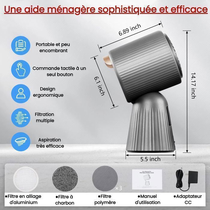 Hotte Aspirante,180 m³/h,3 Vitesses,Recyclage avec Filtre Charbon,Gris,Classe A+,portable mini hotte – Image 4