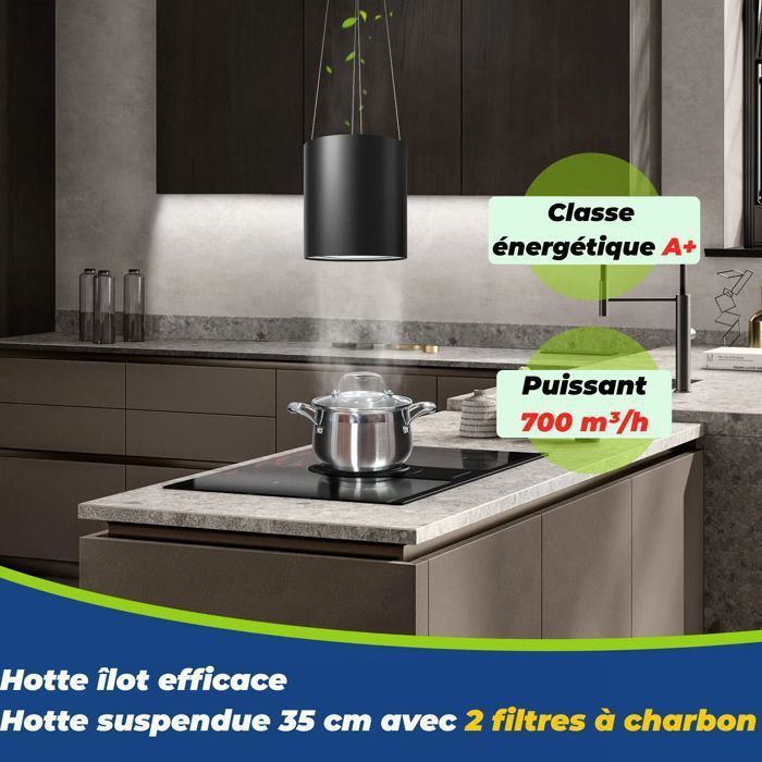 Hotte îlot Centrale 700 m ³/ h 35 cm - Hotte Aspirante 3 Vitesses - Hotte Suspendue Recyclage -Noir-Classe énergétique A+ – Image 3