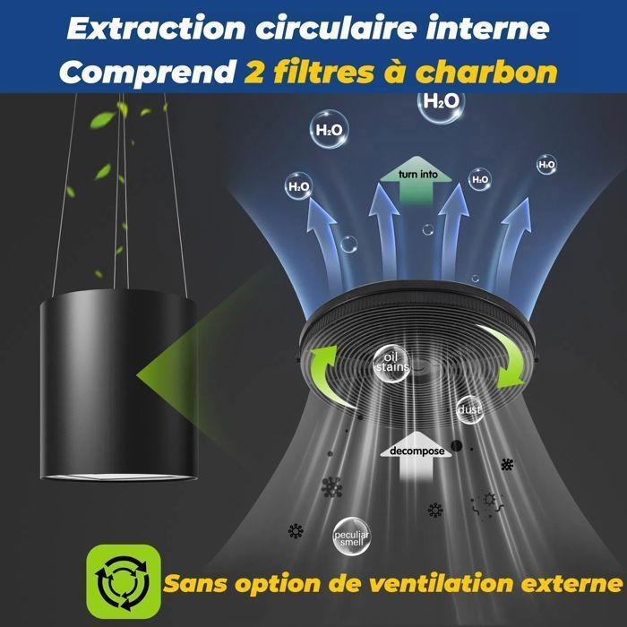 Hotte îlot Centrale 700 m ³/ h 35 cm - Hotte Aspirante 3 Vitesses - Hotte Suspendue Recyclage -Noir-Classe énergétique A+ – Image 4