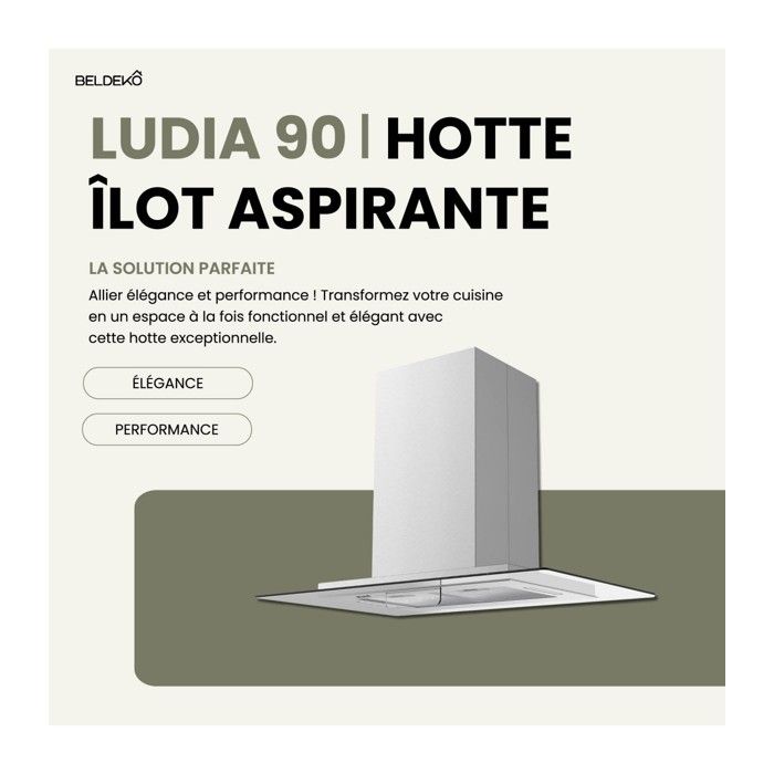 BELDEKO - Hotte îlot aspirante 90 cm INOX - Minuteur - Débit 556 m3/h - 3 vitesses - LUDIA 90 XS – Image 2
