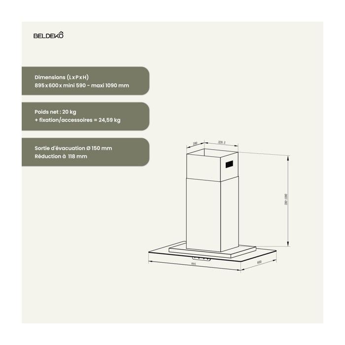 BELDEKO - Hotte îlot aspirante 90 cm INOX - Minuteur - Débit 556 m3/h - 3 vitesses - LUDIA 90 XS – Image 4