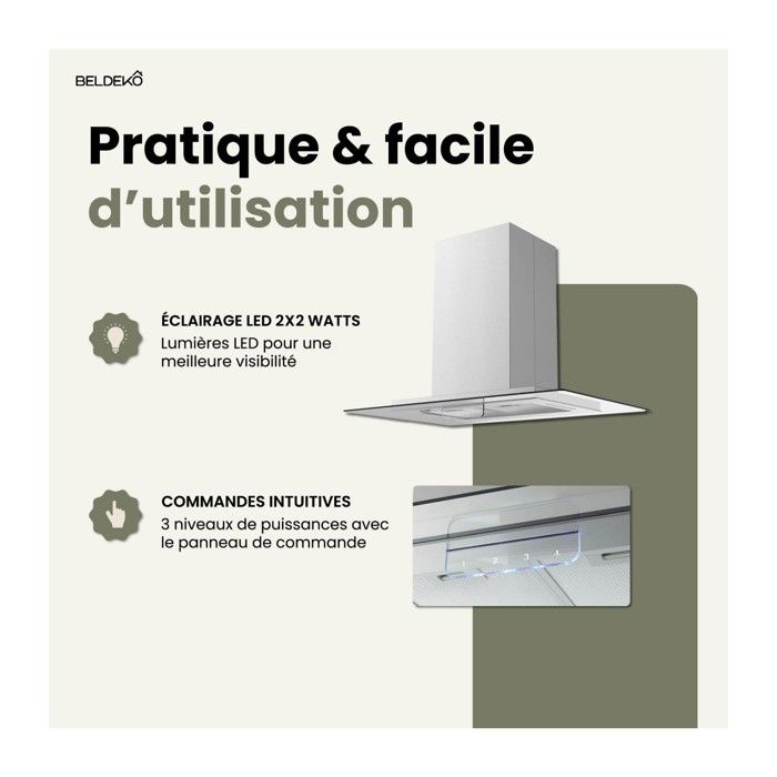 BELDEKO - Hotte îlot aspirante 90 cm INOX - Minuteur - Débit 556 m3/h - 3 vitesses - LUDIA 90 XS – Image 6