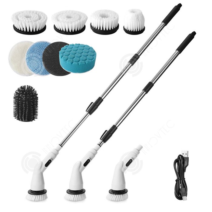 INN Brosse de nettoyage électrique 14-110cm extensible 2 niveaux réglage electrique rotative nettoyage sans fil avec 8 têtes de