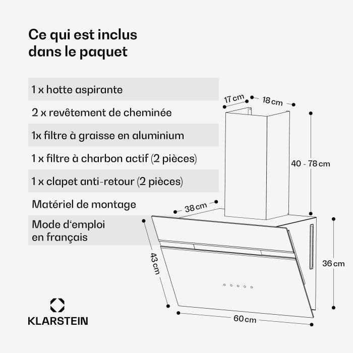 Klarstein Alina Hotte aspirante 60 cm CEE A Tactile Eclairage LED évacuation-mode recyclage d'air 615 m³-h – Image 4