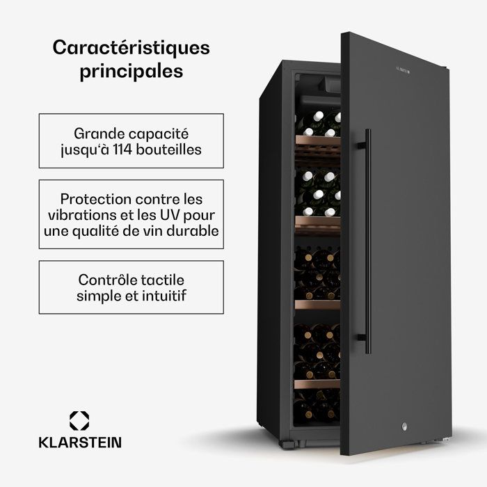 Klarstein CellarMax Cave à vin 114 bouteilles 238 L - Plage de température 5 - 20 °C - Clayettes en bois - Noir – Image 2