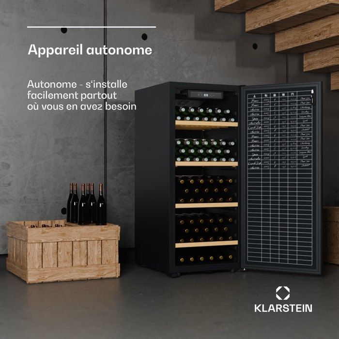 Klarstein CellarMax Cave à vin 114 bouteilles 238 L - Plage de température 5 - 20 °C - Clayettes en bois - Noir – Image 3