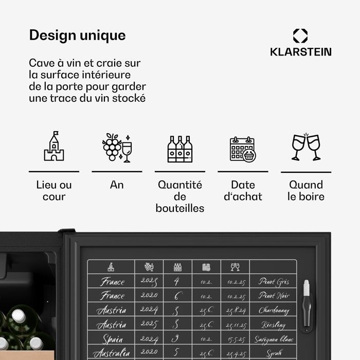 Klarstein CellarMax Cave à vin 114 bouteilles 238 L - Plage de température 5 - 20 °C - Clayettes en bois - Noir – Image 6