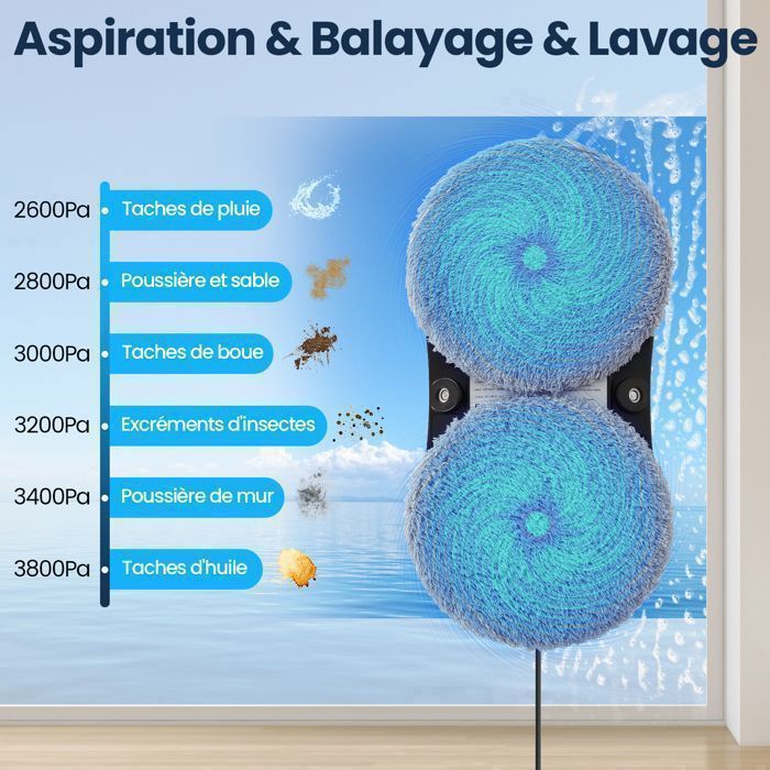 Robot Nettoyeur Laveur de Vitre Automatique, 2800PA*2, Navigation Intelligente, Télécommandé, pour Les Surfaces Lisses, 14 Chiffons – Image 3