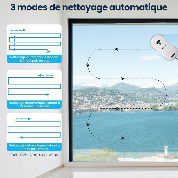 Robot Nettoyeur Laveur de Vitre Automatique, 2800PA*2, Navigation Intelligente, Télécommandé, pour Les Surfaces Lisses, 14 Chiffons – Image 4