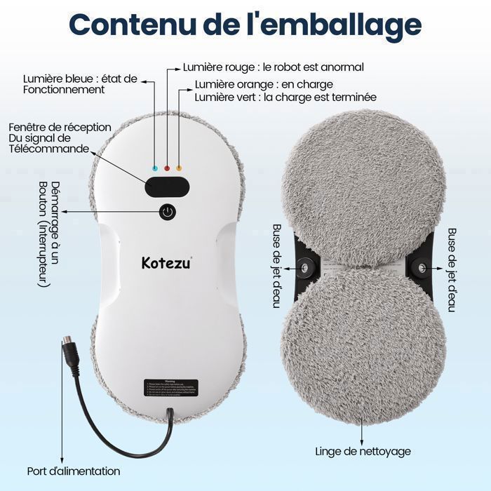 Robot Nettoyeur Laveur de Vitre Automatique, 2800PA*2, Navigation Intelligente, Télécommandé, pour Les Surfaces Lisses, 14 Chiffons – Image 6