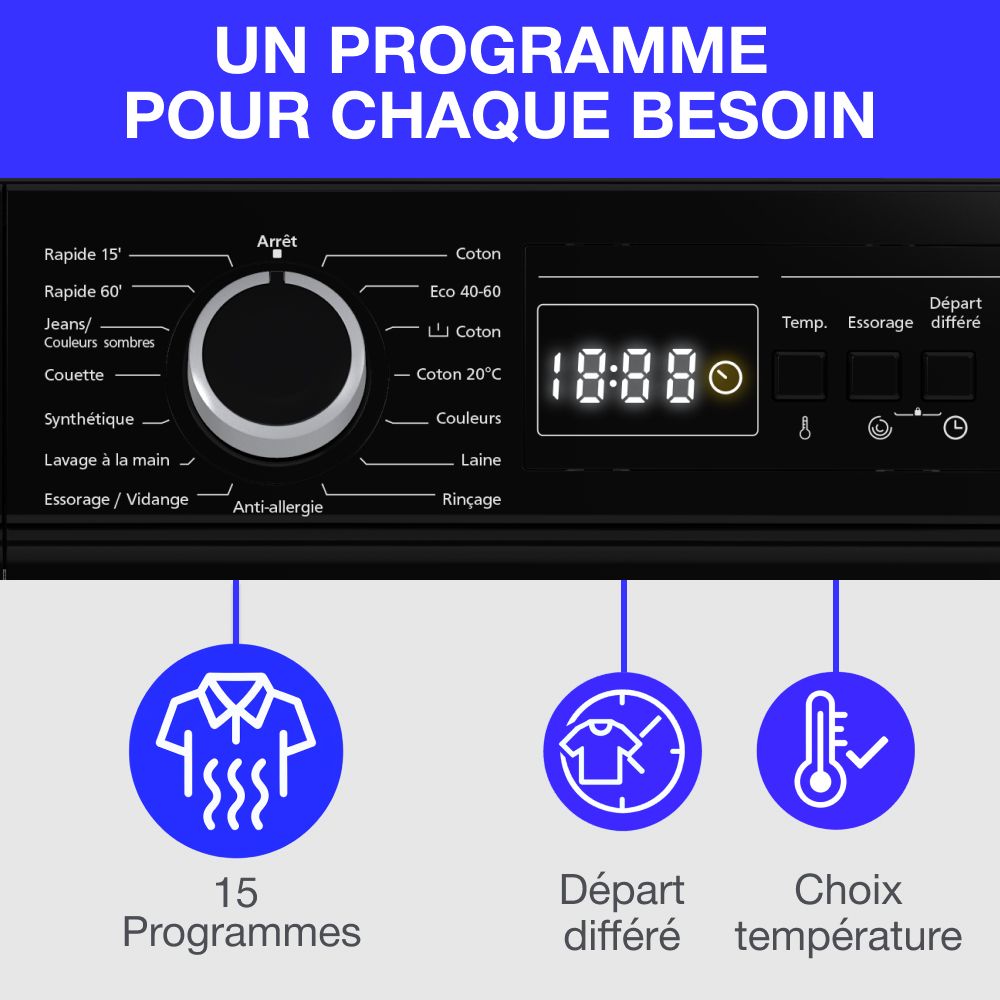 Lave-linge hublot CONTINENTAL EDISON CELL9140IB - 9kg - Largeur 59,6 cm - Classe A - 1400 trs - moteur induction - noir mat – Image 6