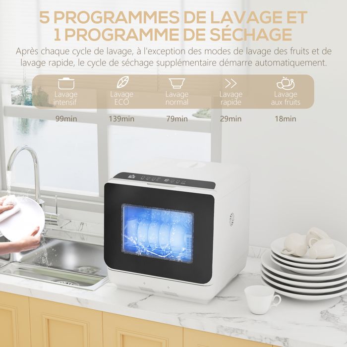 Mini lave-vaisselle - HOMCOM - compact - 4 couverts - 6 programmes, commandes tactiles - PP, ABS - 45 x 44 x 45,8 cm - blanc – Image 6