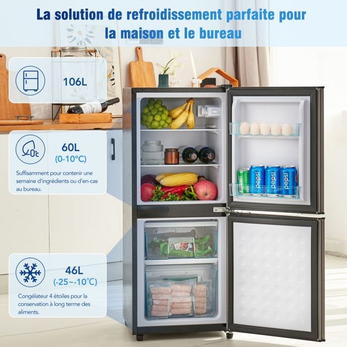 Mini-rfrigrateur 106L conomie d'nergie,60LConglateur46L,166 kWhan, 45 dB,clairage LED,7 rglages de temprature – Image 2