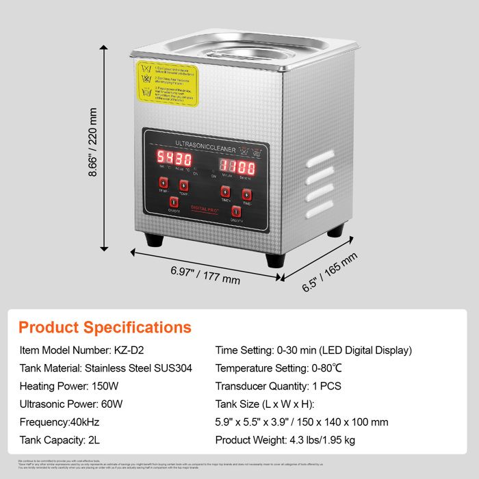 Nettoyeur à Ultrasons-Duoku-avec Minuterie Numérique et Chauffage-Acier Inoxydable-2 L – Image 2