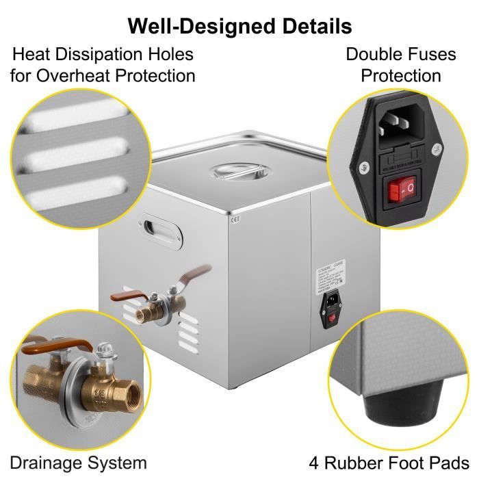 Nettoyeur à ultrasons 15L - VEVOR - Acier inoxydable SUS304 - 6 kits de transducteur – Image 3