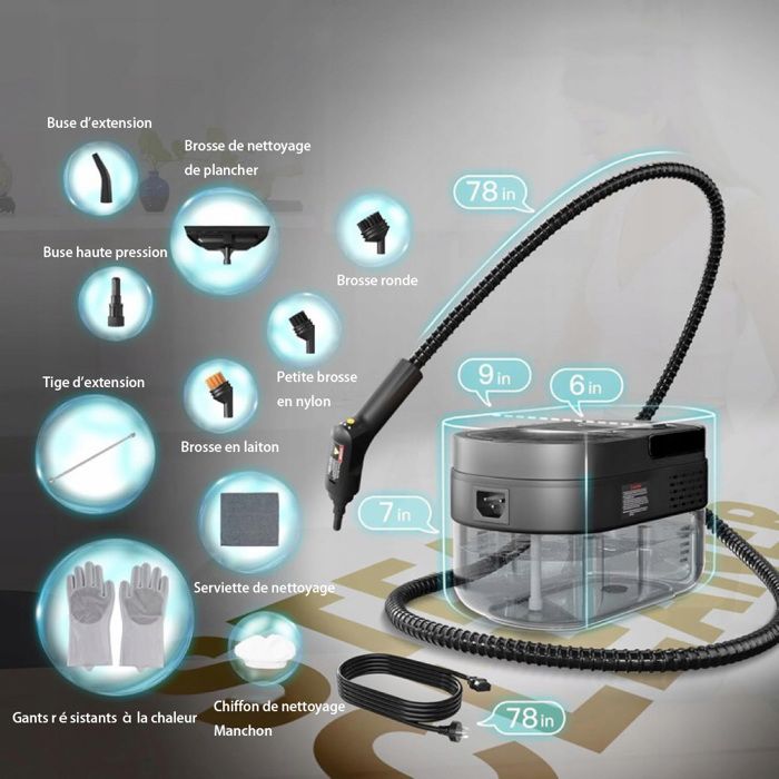 Nettoyeur Vapeur à Main Portable, Nettoyeur Vapeur Noir 2500W 1600ml pour Cuisine/Maison/Auto/Tissus/Salle de Bain – Image 3