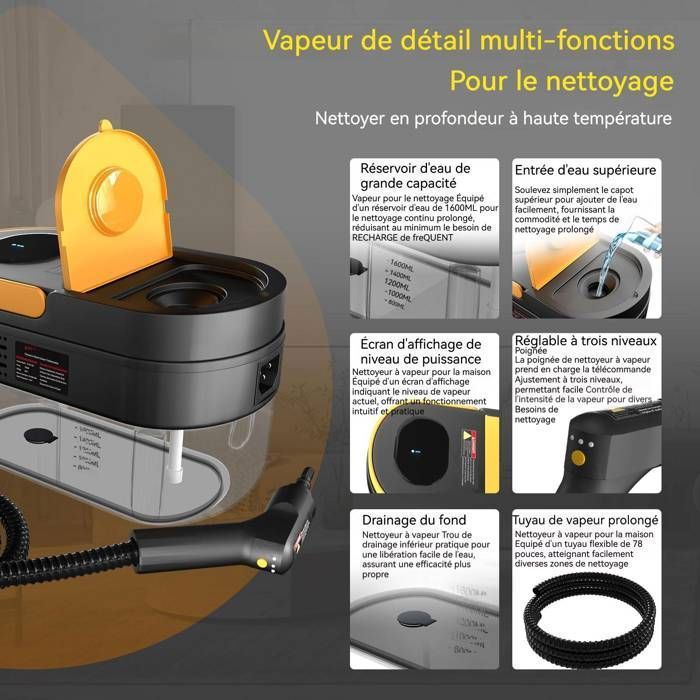 Nettoyeur Vapeur à Main Portable, Nettoyeur Vapeur 1600ml 2500W pour Cuisine/Salle de Bain/Maison/Auto/Tissus – Image 3