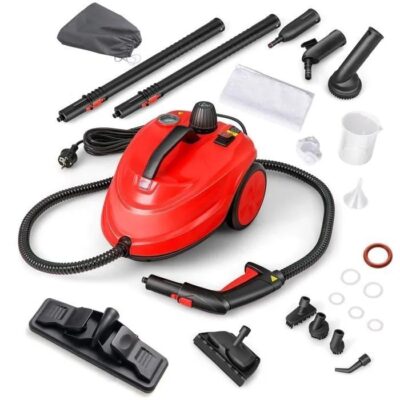 Nettoyeur Vapeur Polyvalent 2000W COSTWAY pour Punaises de Lit-5 BAR-15 Accessoires et Manomètres-Réservoir 1,8L-160°C-4 Roue-Rouge