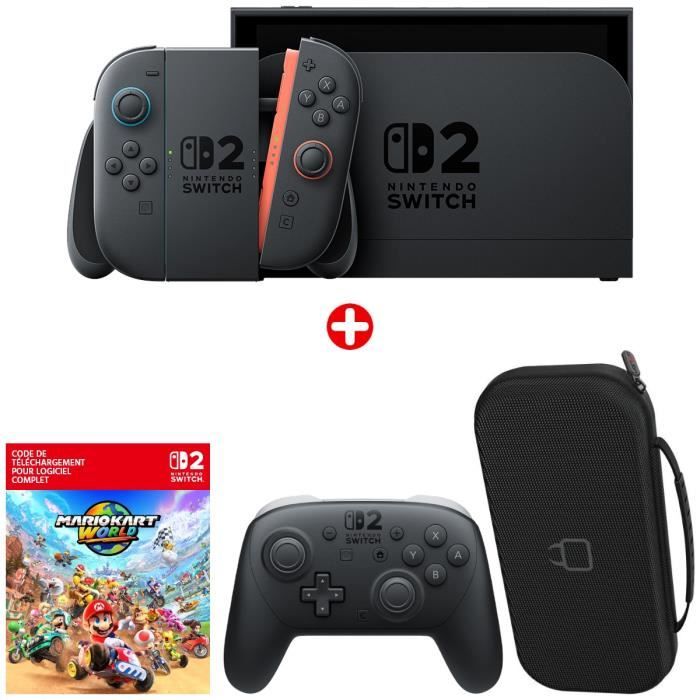 Pack Nintendo : Console Nintendo Switch 2 + Mario Kart World (Code) + Manette Switch Pro 2 + Housse de transport