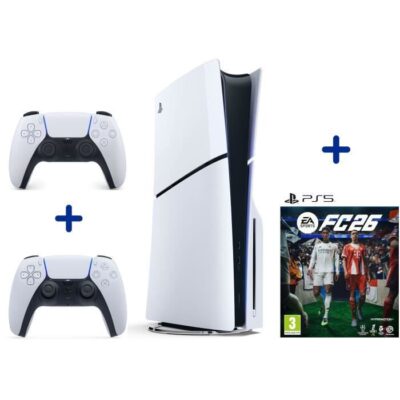 Pack PS5 Standard : Console PlayStation 5 (modèle Slim) + 2ème manette DualSense Blanche + FC 26