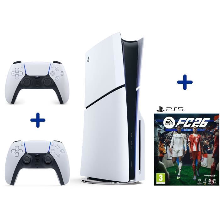 Pack PS5 Standard : Console PlayStation 5 (modèle Slim) + 2ème manette DualSense Blanche + FC 26