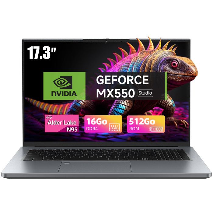 PC portable Gamer 17,3"-NVIDIA GeForce MX550 Graphique-Intel Alder Lake N95(jusqu'à 3,4GHz)-16Go DDR4 RAM 512 Go SSD -Ordinateur