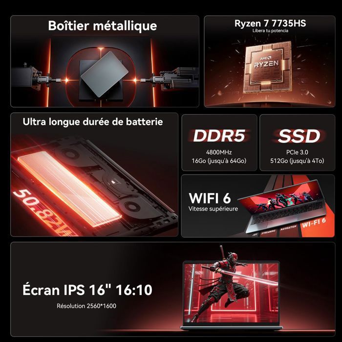PC Portable Gamer, VANWIN 16" FHD, AMD Ryzen 7 7735HS(8C-16T, jusqu'à 4,7 GHz)16Go DDR5,512Go SSD,WiFi6,AMD Radeon 680M 2.2GHz – Image 2
