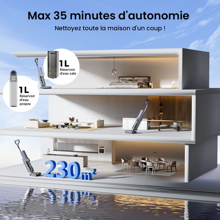 PROSCENIC F20 A - Aspirateur laveur sans fil 3 en 1-Nettoyeur sec/humide-250W-Auto nettoyage - Grand Réservoir - Ecran LED - 20kPa – Image 3