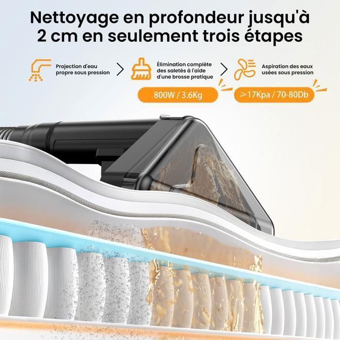 Nettoyeur détacheur portable - 800W/17 Kpa/Tuyau 1,5M - Cordon d'alimentation 5M - Réservoir 1.8L/1,3L - Nettoyeur canapé tissu – Image 2