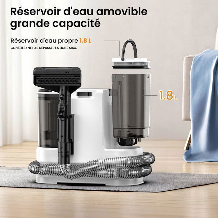 Nettoyeur détacheur portable - 800W/17 Kpa/Tuyau 1,5M - Cordon d'alimentation 5M - Réservoir 1.8L/1,3L - Nettoyeur canapé tissu – Image 3