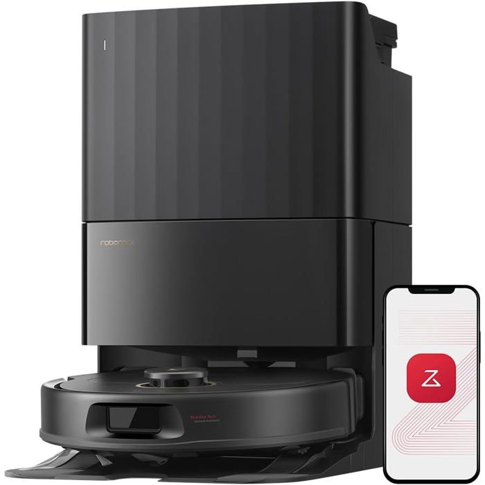 Roborock Qrevo S5V Aspirateur Robot Laveur avec Station, 12000 Pa, FlexiArm, Double Anti-emmêlement, Séchage à l'air Chaud Noir