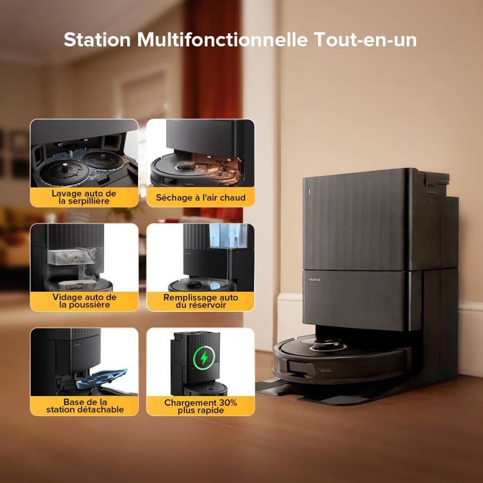 Roborock Qrevo S5V Aspirateur Robot Laveur avec Station, 12000 Pa, FlexiArm, Double Anti-emmêlement, Séchage à l'air Chaud Noir – Image 3