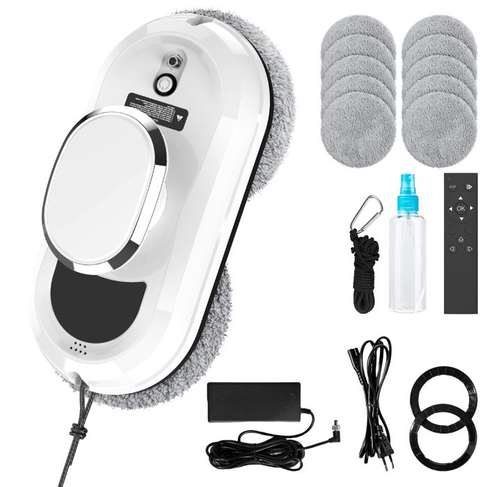 Robot lave-vitres, 5600Pa, pulvérisation d'eau automatique, convient à toutes les surfaces lisses, avec 10 chiffons de nettoyage