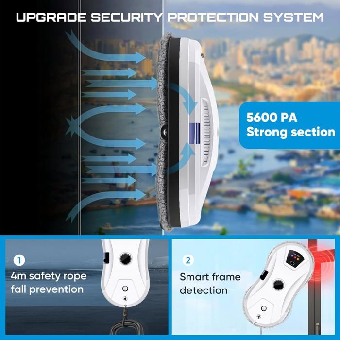 Robot Nettoyeur de Vitre, Robot Laveur de Vitre Automatique avec Pulvérisation d'eau, 5600pa, Avec Télécommande et 10 Chiffons – Image 4