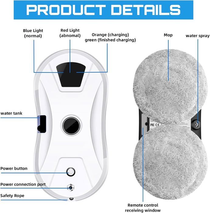 Robot Nettoyeur de Vitre, Robot Laveur de Vitre Automatique avec Pulvérisation d'eau, 5600pa, Avec Télécommande et 10 Chiffons – Image 6